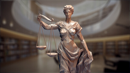 3D illustration of Lady Justice. Female sculpture holding with one hand the balance of justice.  - obrazy, fototapety, plakaty