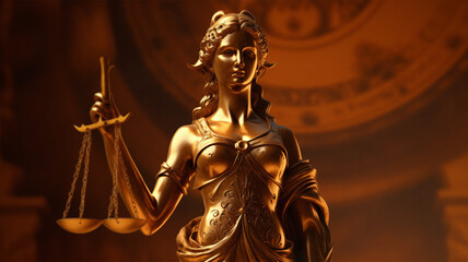 3D illustration of Lady Justice. Female sculpture holding with one hand the balance of justice. Generative AI modelling.