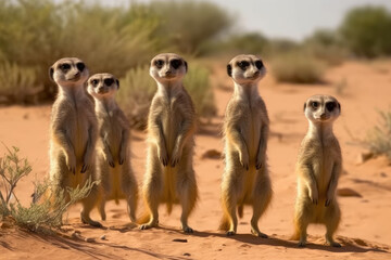 Fototapeta premium Meerkats standing still in the savannah, created with Generative AI technology.
