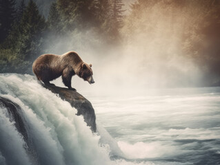 Brown bear waiting for a salmon, created with Generative AI technology.