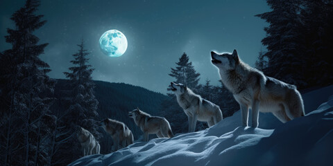 Howling wolves at moonlight, created with Generative AI technology.