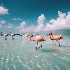 Flamingos in shallow water, created with Generative AI technology.