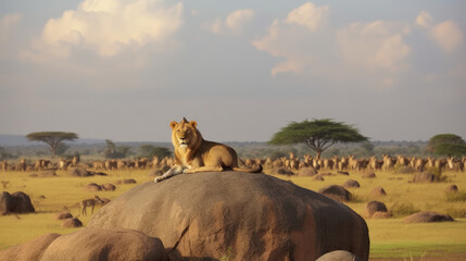 A lion resting over a boulder, created with Generative AI technology.