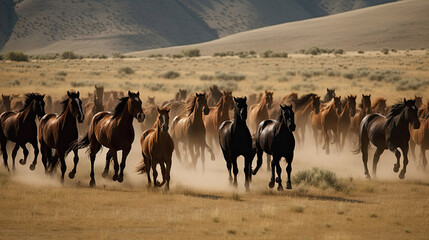 Herd of wild horses galloping, created with Generative AI technology.