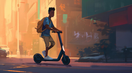 Drawn roller-scooter boy, Generative AI