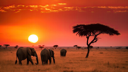 Fototapeta na wymiar Elephants at sunset in the savannah, created with Generative AI technology.