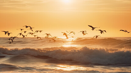 A flock of seagulls flying over the waves, created with Generative AI technology.