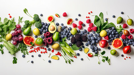 Naklejka na ściany i meble various fruits on a table, organic, top view, generative AI
