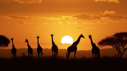 Girrafes in the savannah and sunset, created with Generative AI technology.