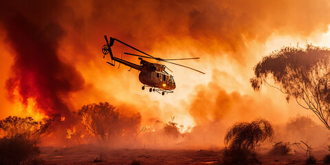 Blazing Australian bushfire with rescue helicopter created with Generative AI