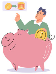 Smiling businessman hold piggybank collect dollar coins form good financial investment. Happy man receive profit or income in piggy bank from savings. Invest, finance concept. Personal budget