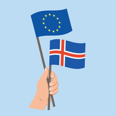 Flags of EU and Iceland, Hand Holding flags