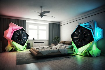 Two enormous loudspeakers in neon color on the floor in a bedroom. Generative AI