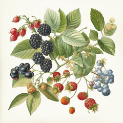 Different types of berries, botanical illustration on white background. Created with Generative AI.	 - 588741849