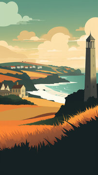 Vintage travel poster of Cornwall, England. Created with Generative AI.