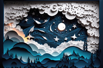Paper art outdoor mountains and rivers night starry sky, AI generated
