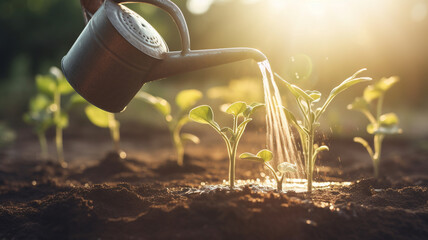 Water can watering seedling growing step in garden with sunshine. Concept of business growth, profit, development and success. Start-up business. Created with Generative AI. - 588742021