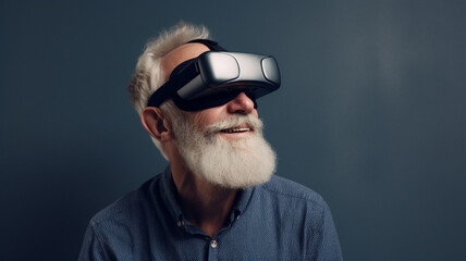 Senior man wearing virtual reality headset and having fun with technology. Created with Generative AI.