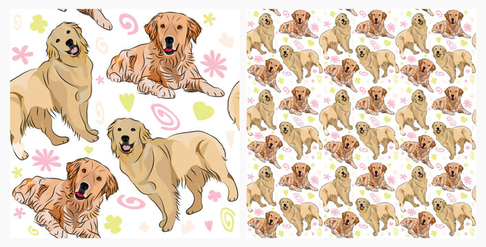 Spring pattern with spirals, leaf, flowers, golden retriever dogs. Pastel colors. Elegant, soft seamless background, abstract summer pattern with hand-drawn colorful shapes. Delicate, gender-neutral.