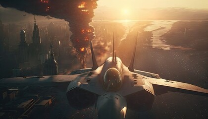 Futuristic Dogfight: Epic Concept Photo of Air Combat Between Fighter Planes over the City. Generative AI