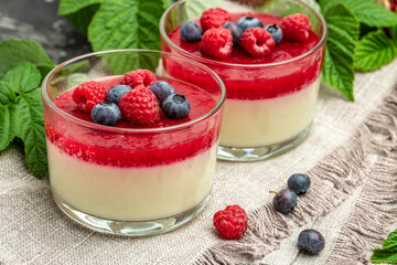 Delicious italian dessert panna cotta with berry sauce on a dark background in small jars. place for text