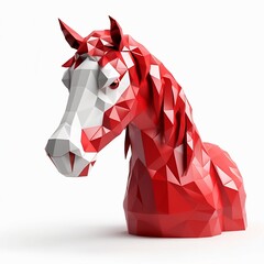 Pferde potrait in weiß und rot im Oregami Stil vor weißem Hintergrund,  AI generiert