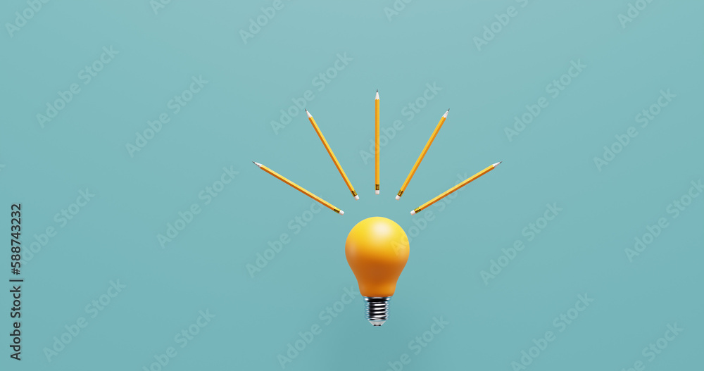 Poster light bulb and pencils. creative thinking ideas brainstorming progress innovation.3d rendering