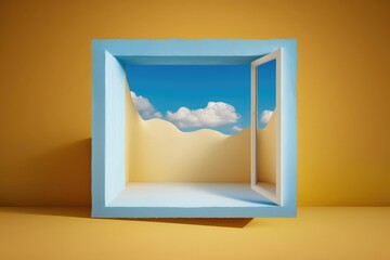 Open window with blue sky and clouds on yellow background