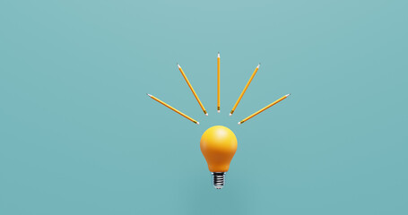 Light bulb and pencils. Creative thinking ideas brainstorming progress innovation.3d rendering