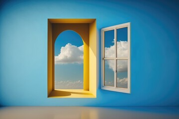 Open window with blue sky and clouds