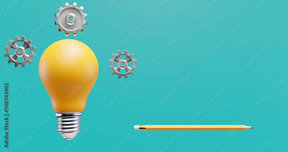 Poster light bulb gears pencil. ideas solution innovation brainstorming. 3d rendering