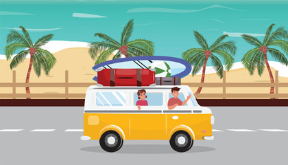Illustration of a young woman and man driving in a yellow camper on the road next to the beach.
