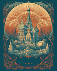 Fantasy Moscow city surrealistic illustration poster. Creative interpretation of famous landmark and cityscape. Generative AI