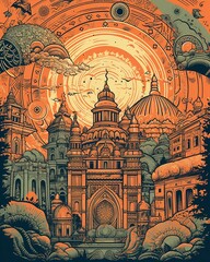 Fantasy New Delhi city surrealistic illustration poster. Creative interpretation of famous landmark and cityscape. Generative AI