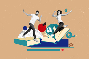 Creative collage picture of two excited mini black white gamma people jumping show v-sign big book...