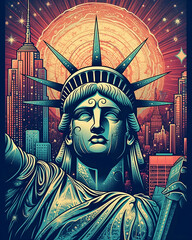 Fantasy New York city surrealistic illustration poster featuring Statue of Liberty. Creative interpretation of famous landmark and cityscape. Generative AI