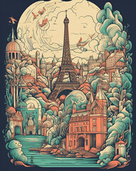 Fantasy Paris city surrealistic illustration poster. Creative interpretation of famous landmark and cityscape. Generative AI