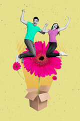 Vertical collage image of two black white effect mini overjoyed people hold arms jumping carton box huge flower isolated on creative background