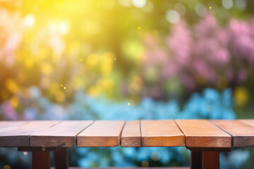 Empty Wooden Table with Bokeh Background in Spring Garden