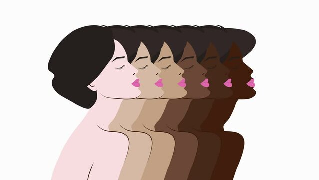 The figure of a girl with different skin types. 4k footage animation of women with dark hair with different skin tones. Multiculturalism is the concept of unity. 
