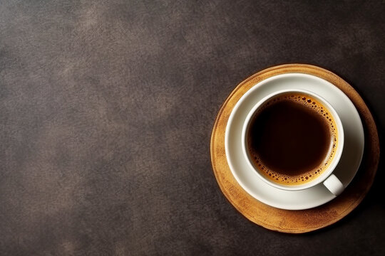 Taza de café natural en plano cenital sobre mesa con textura grunge marrón. Generative ai.