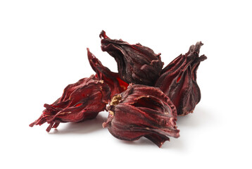 Dry flowers of hibiscus on a white background close-up.