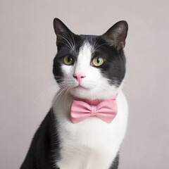 A black and white cat wearing a pink bow tie on a white background