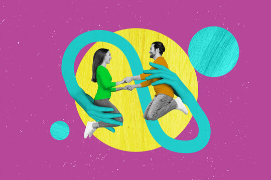 Collage picture of two mini black white effect people jumping big arms hold connection isolated on drawing violet background