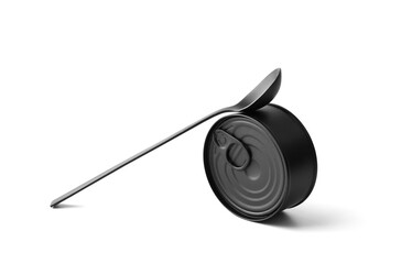 Closed tin can and spoon on white isolated