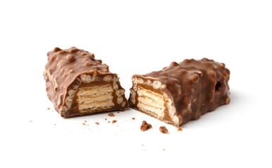 Two halves of a crispy chocolate bar on a white background.