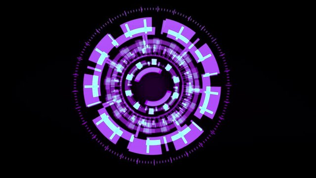 High quality animated gizmo digital eye design with complex rotating elements in magenta color scheme on a plain black background for easy compositing, great for screen replacement elements