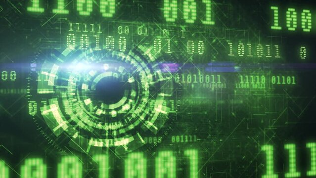 Cyber surveillance animated 3D digital eye design with complex circuitry and binary code elements in a 3D digital space in green color scheme on a dark background