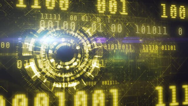 Cyber surveillance animated 3D digital eye design with complex circuitry and binary code elements in a 3D digital space in yeloow color scheme on a dark background