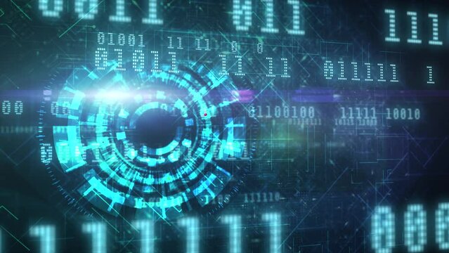 Cyber surveillance animated 3D digital eye design with complex circuitry and binary code elements in a 3D digital space in teal color scheme on a dark background